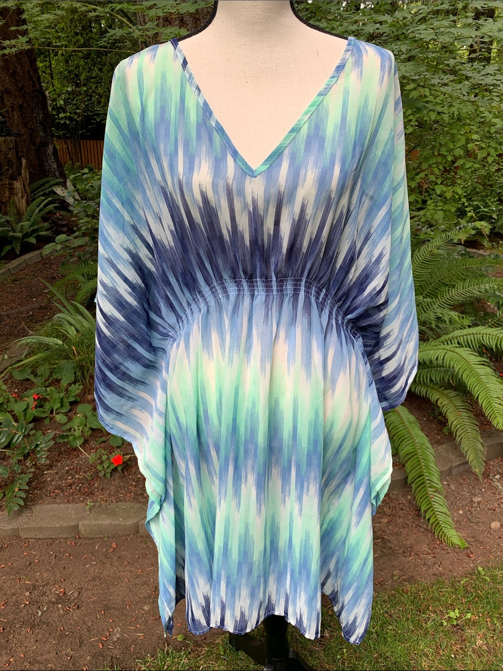 Rays & Waves Flowy V-Neck Tunic/Cover Up with Blue-Green Ikat Print.